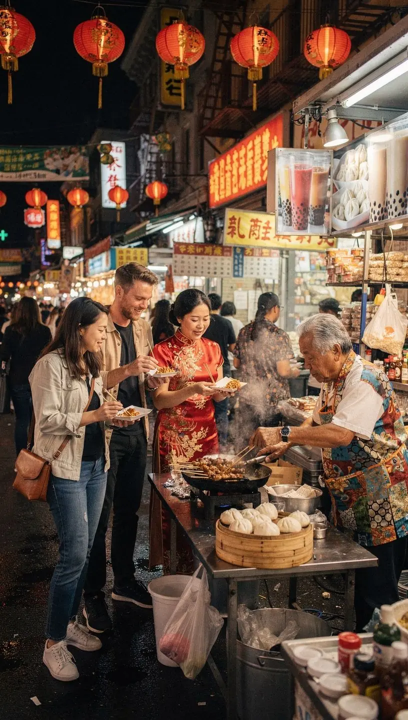 Turysta z uśmiechem wita sprzedawcę na lokalnym rynku spożywczym.