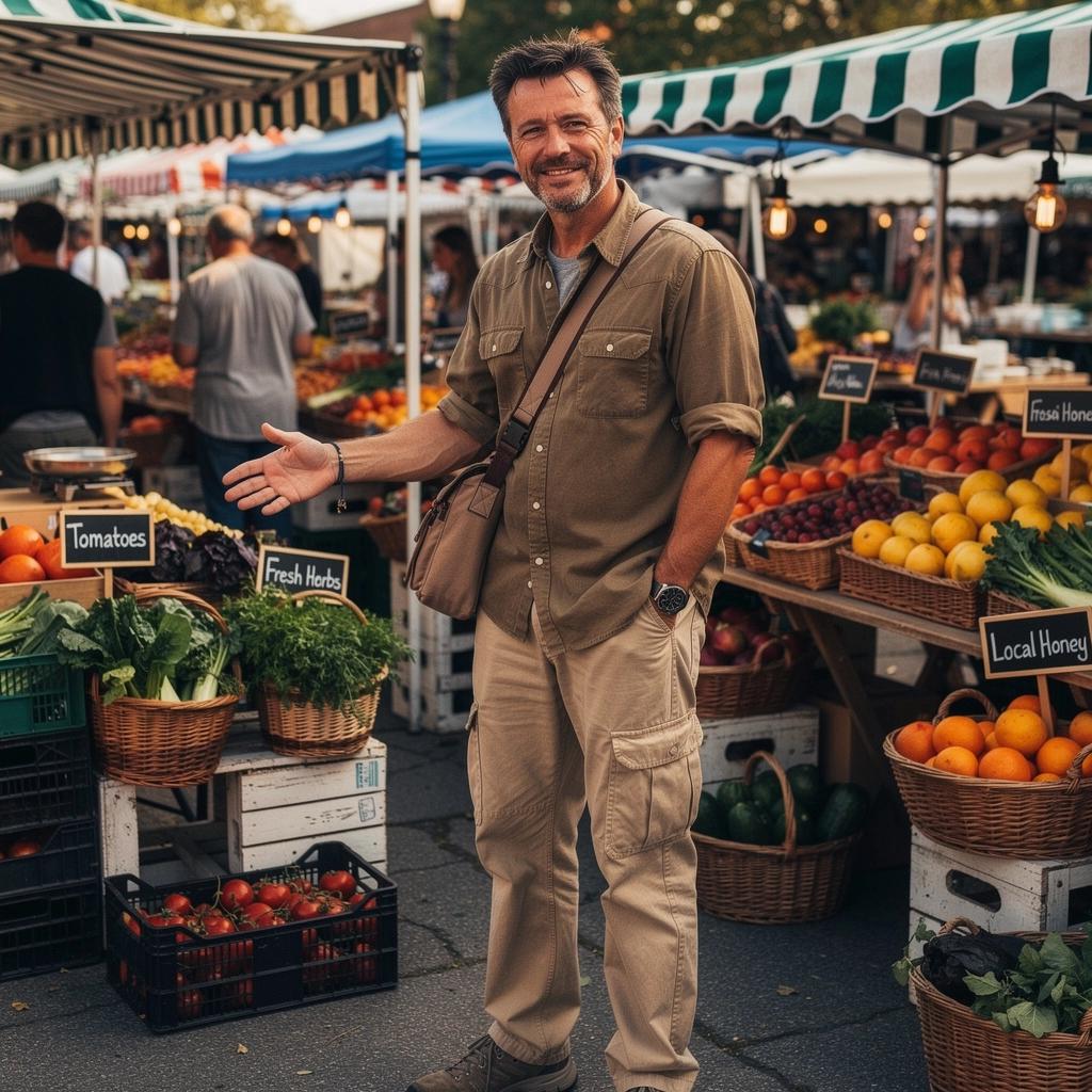 Urokliwa ulica z kolorowymi straganami pełnymi regionalnych specjałów.
